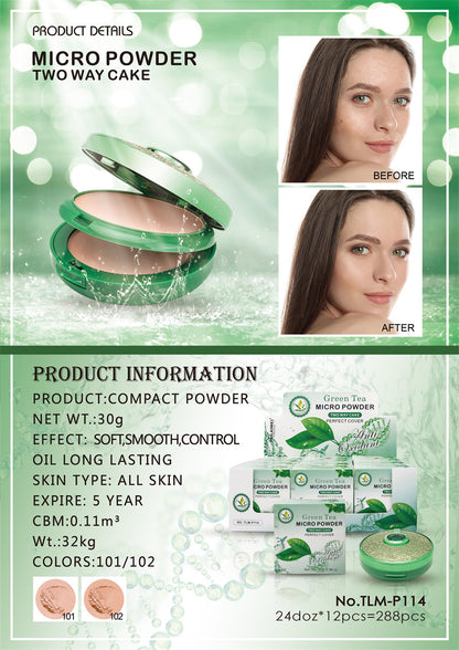 Pudră Compactă 2 în 1 - Pudră Mată și Pudră Iluminatoare - cu Extract de Ceai Verde