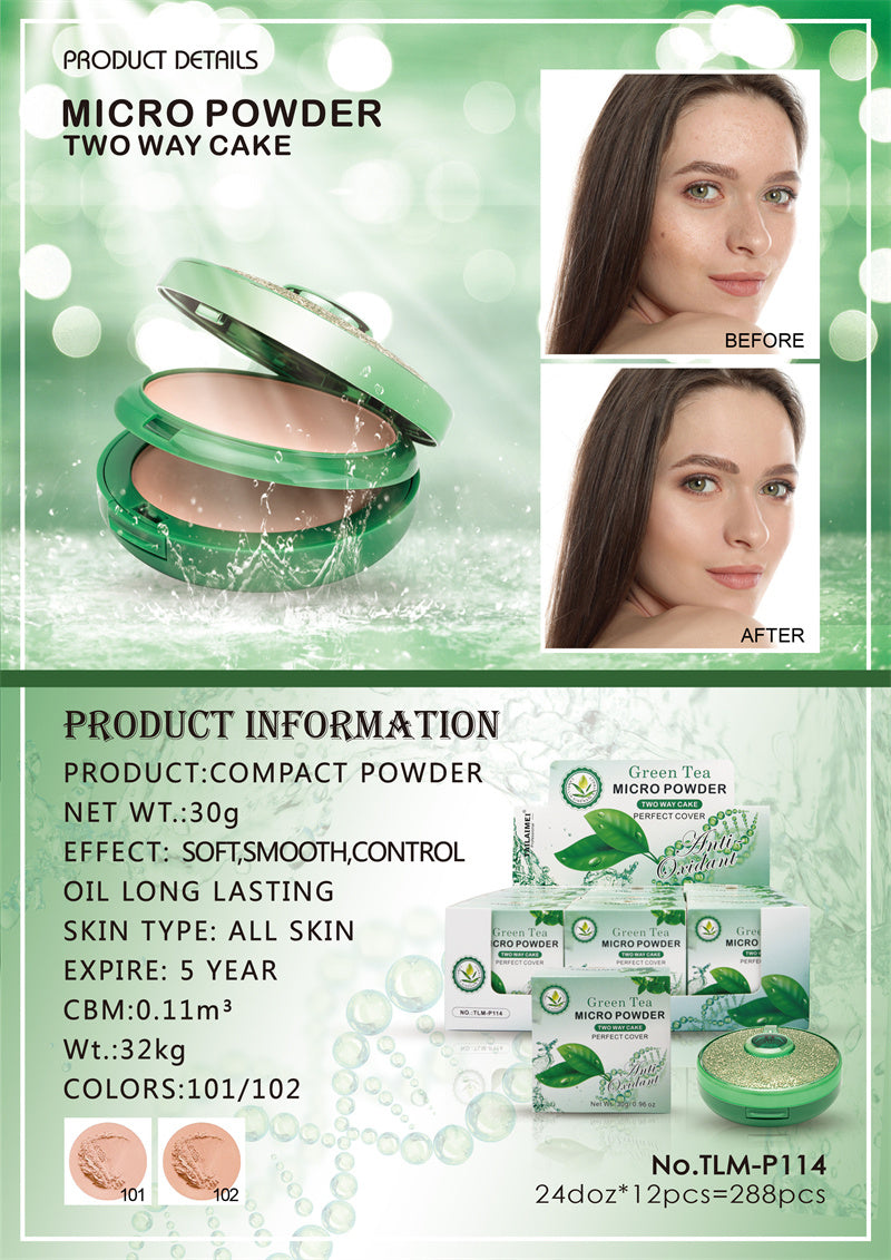 Pudră Compactă 2 în 1 - Pudră Mată și Pudră Iluminatoare - cu Extract de Ceai Verde