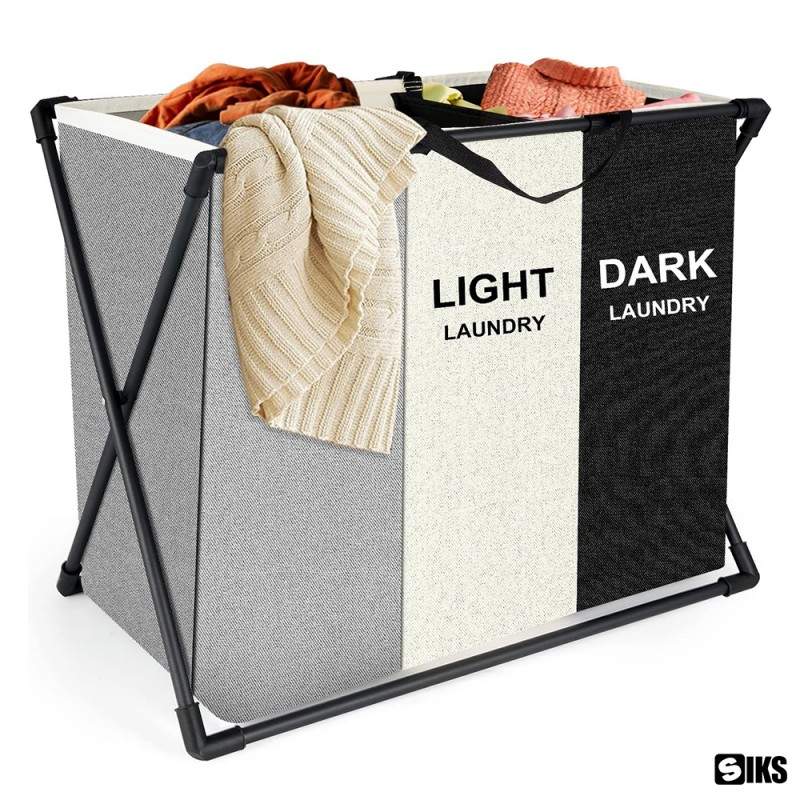 Coș de rufe murdare cu 3 compartimente, pliabil, pentru sortare și organizare haine, material textil, cadru aluminiu, dimensiuni 62 x 34 x 56 cm