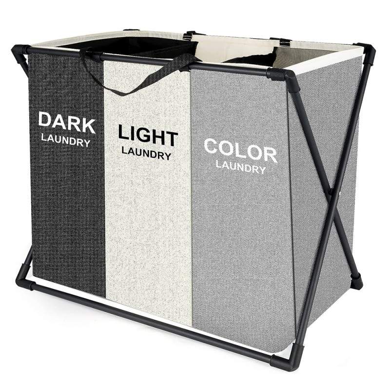 Coș de rufe murdare cu 3 compartimente, pliabil, pentru sortare și organizare haine, material textil, cadru aluminiu, dimensiuni 62 x 34 x 56 cm