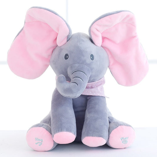 Jucarie Interactiva pentru Copii, Flippy, Elefantel Peek-a-boo, Muzica, Misca Urechile, Alimentare cu Baterii, 30 cm, Roz-Gri-1