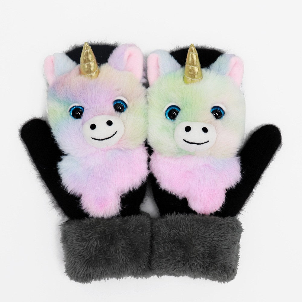 Manusi de Plus pentru Copii, Flippy, de Iarna, Groase, Moi, Calduroase, Model Animat Unicorn Roz-1