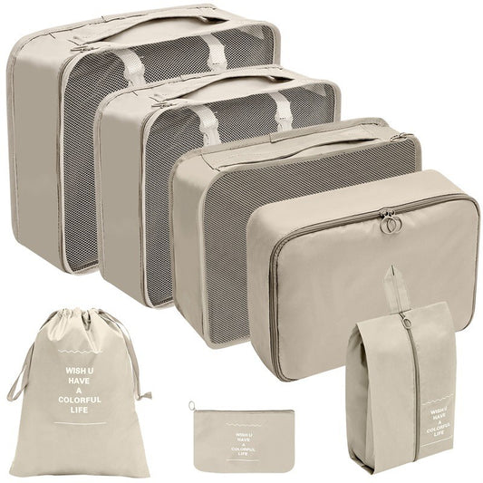 Set 7 Genti de Calatorie, Flippy, pentru Depozitare, Compresibile, 7 Dimensiuni, Impermeabile, Design cu Plasa, Pliabile, Manere Robuste, Fermoar dublu, Bej-1