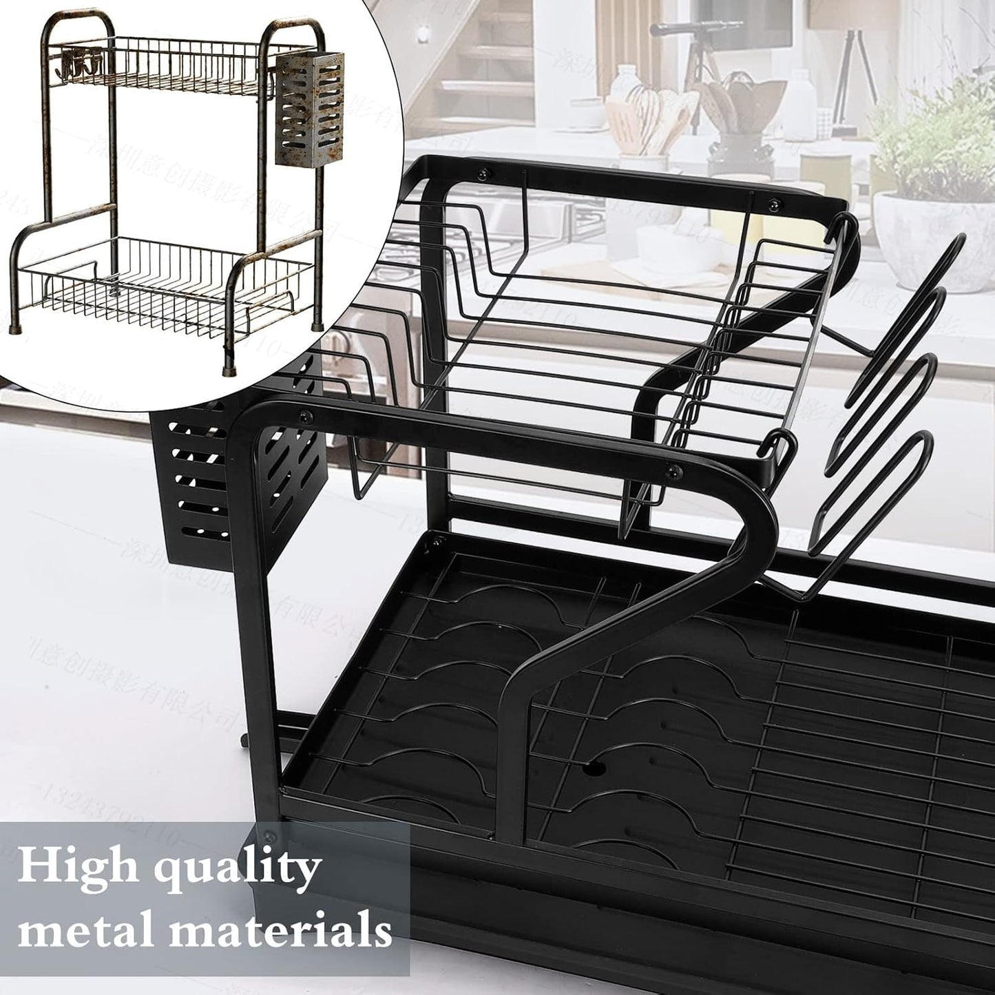 Raft Organizator pentru Vase, Negru, din metal, cu tava de scurgere, 46 x 28 x 32 cm