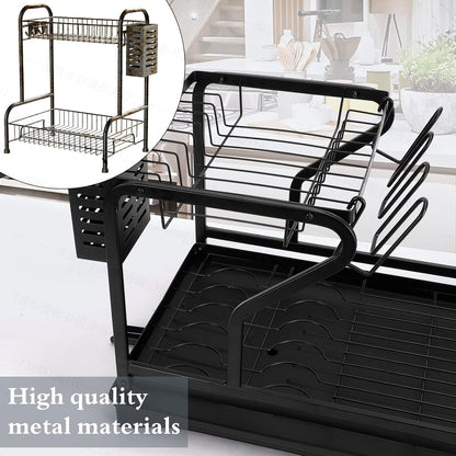 Raft Organizator pentru Vase, Negru, din metal, cu tava de scurgere, 46 x 28 x 32 cm