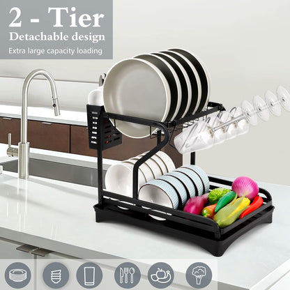 Raft Organizator pentru Vase, Negru, din metal, cu tava de scurgere, 46 x 28 x 32 cm