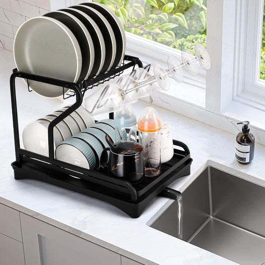 Raft Organizator pentru Vase, Negru, din metal, cu tava de scurgere, 46 x 28 x 32 cm