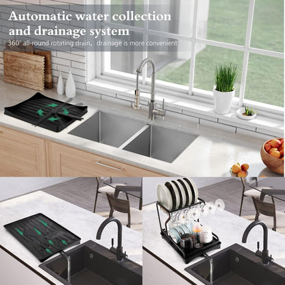 Raft Organizator pentru Vase, Negru, din metal, cu tava de scurgere, 46 x 28 x 32 cm