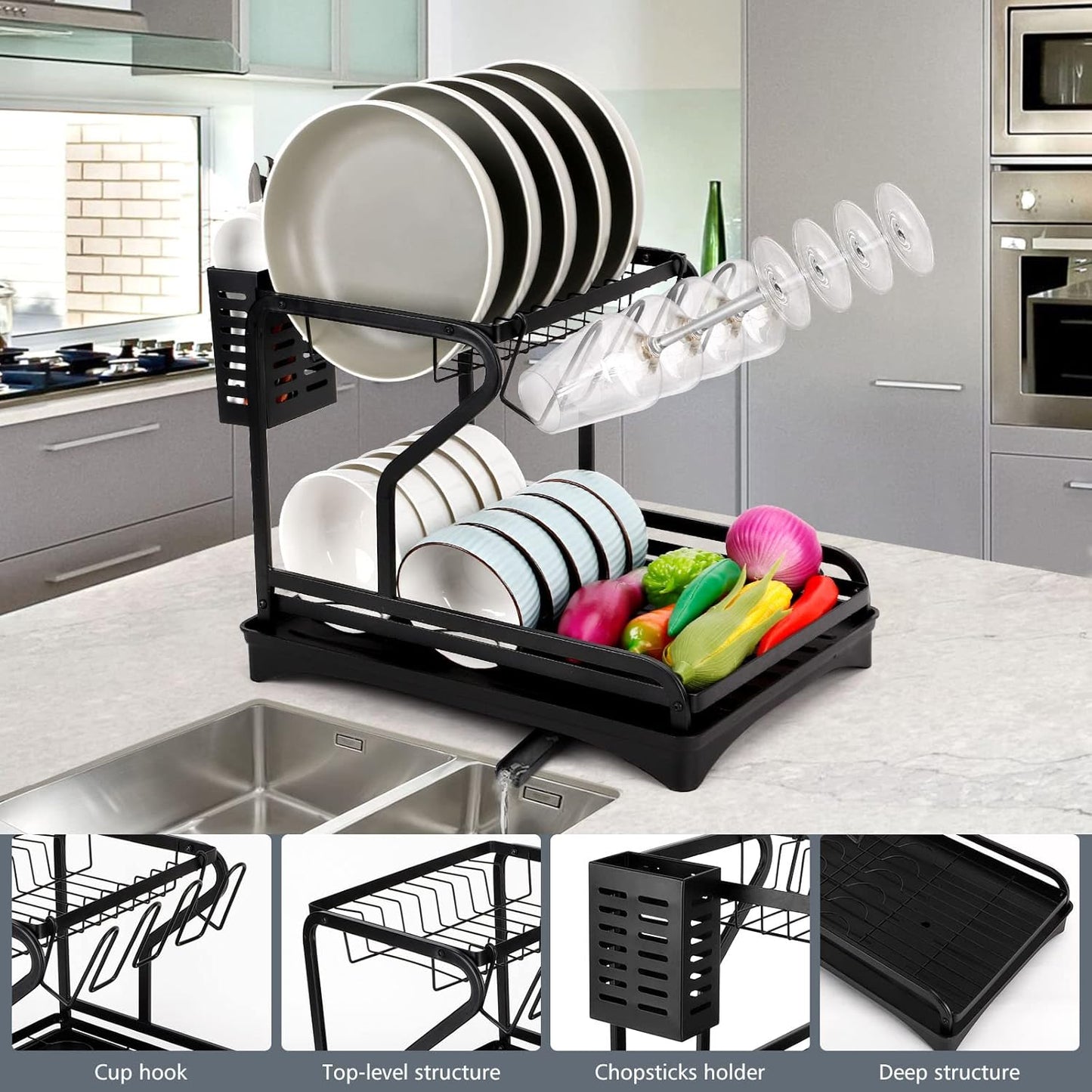 Raft Organizator pentru Vase, Negru, din metal, cu tava de scurgere, 46 x 28 x 32 cm