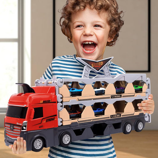Set Camion 3in1 cu remorca, 6 masini de jucarie cu arcuri pentru copii, Pista cu catapulta