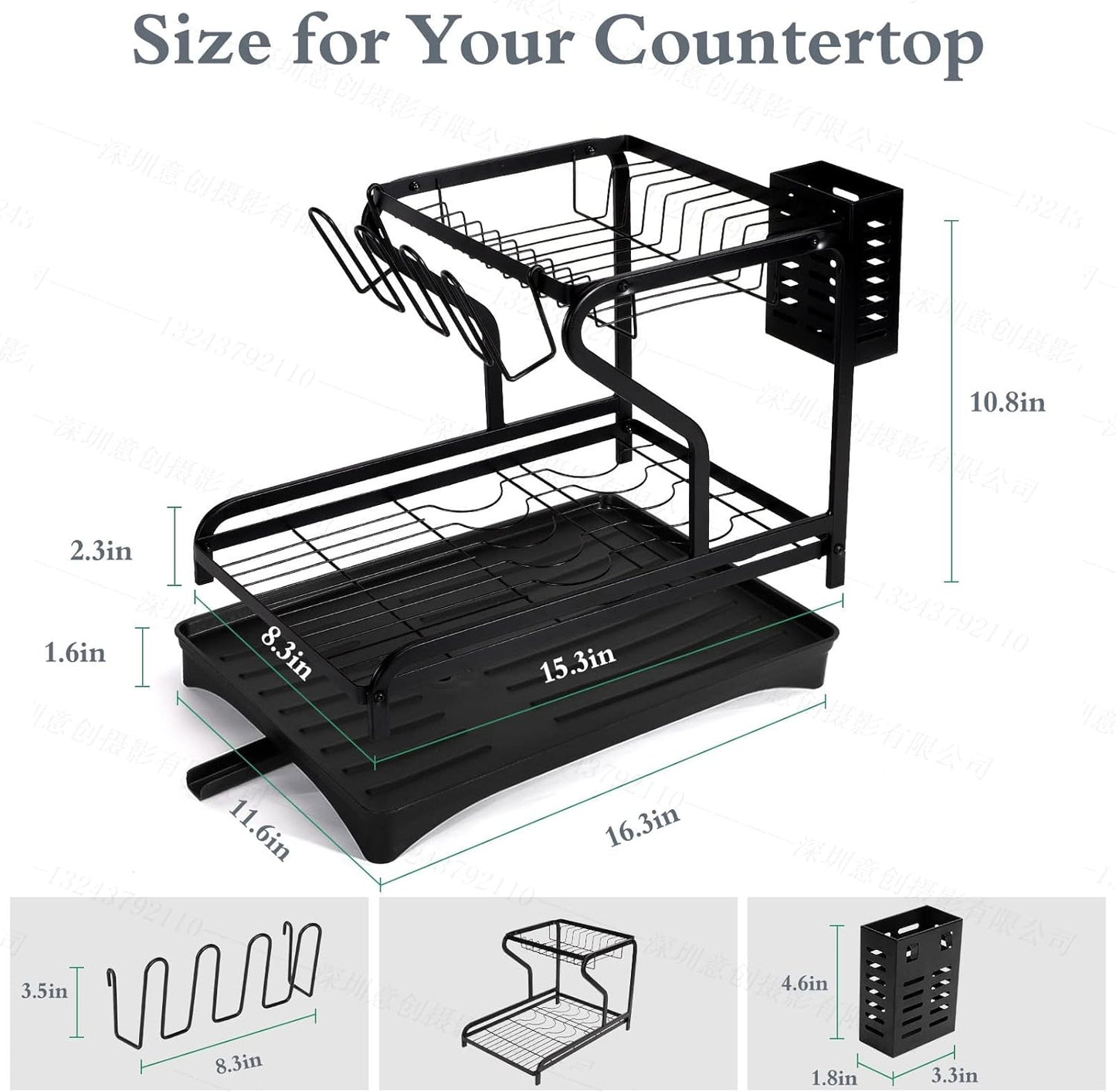 Raft Organizator pentru Vase, Negru, din metal, cu tava de scurgere, 46 x 28 x 32 cm