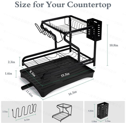 Raft Organizator pentru Vase, Negru, din metal, cu tava de scurgere, 46 x 28 x 32 cm