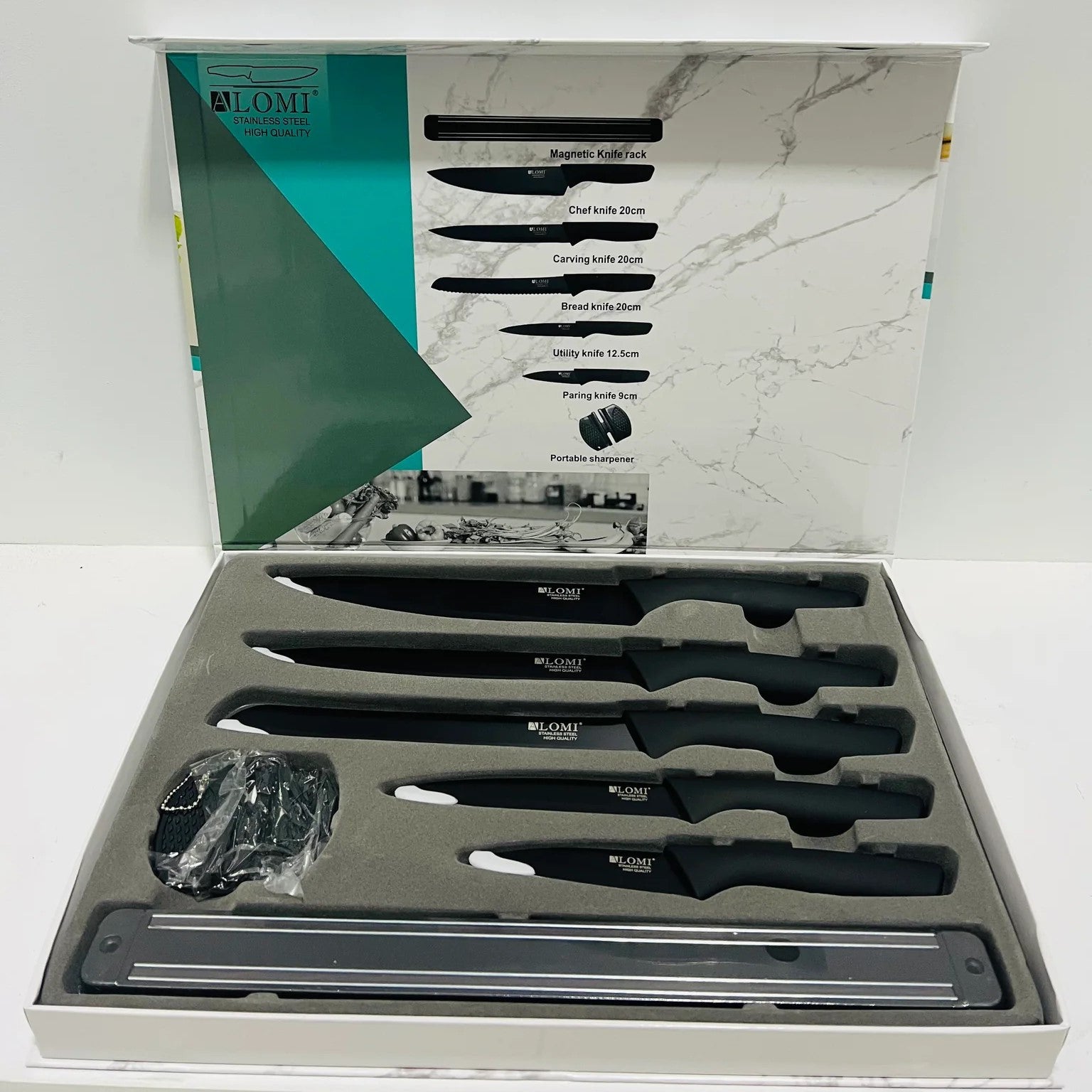Set de Cuțite ALOMI din Oțel Inoxidabil - 6 Piese cu Suport Magnetic și Ascuțitor Portabil