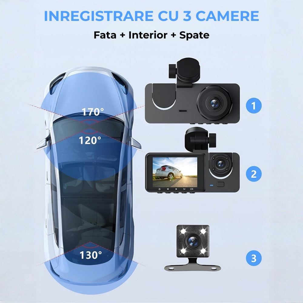 Cameră Auto Triplă DVR TRIPLE Road + Card 32GB – Înregistrare Față, Interior și Spate, WiFi, Vedere Nocturnă și Monitorizare Parcare