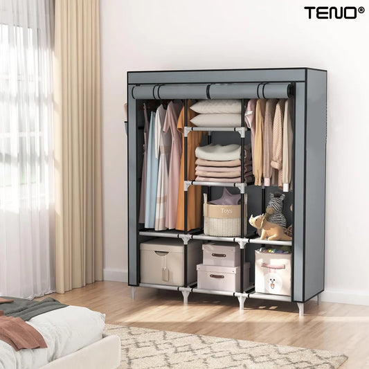Dulap din Material Textil pentru Haine si Incaltaminte, impermeabil, 8 rafturi, inchidere fermoar, suport umerase, cadru otel, 170 cm, gri