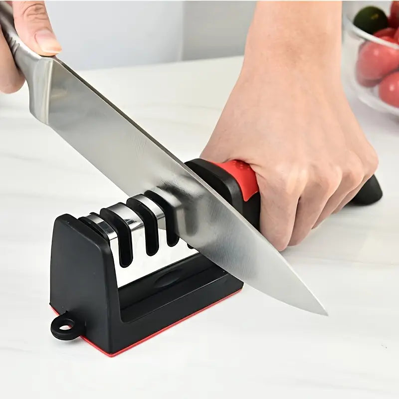 Dispozitiv pentru ascutit cutite Flippy, cu 3 pozitii, rosu/negru, material inox si ABS, 21.5x5x6 cm