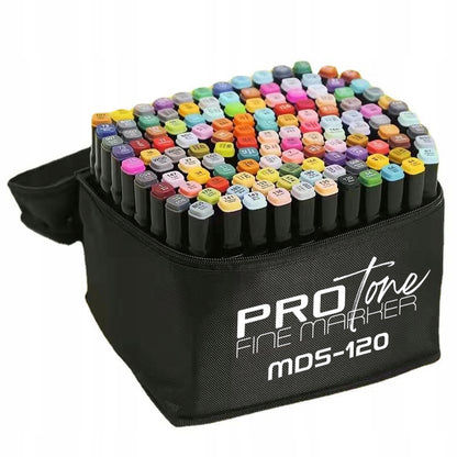 Set 120 Markere Profesionale pentru pasionatii de desen, cu cap dublu gros - subtire, cu geanta de depozitare, model AVX-WT-MDS-120-3