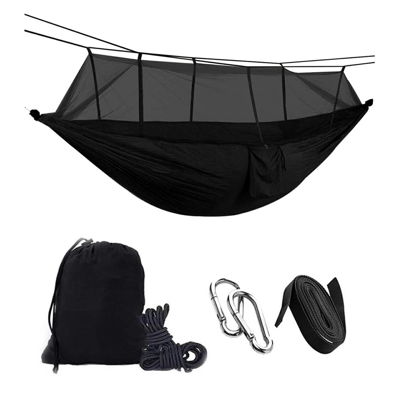 Hamac turistic din nylon cu plasa de tantari, culoare neagra, dimensiuni 260 cm x 140 cm-0