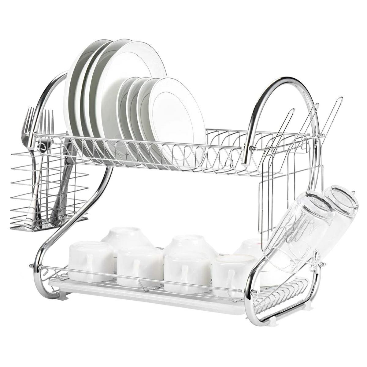 Uscator de vase din otel cu doua niveluri, cu tava din plastic, AVX-AG373-1
