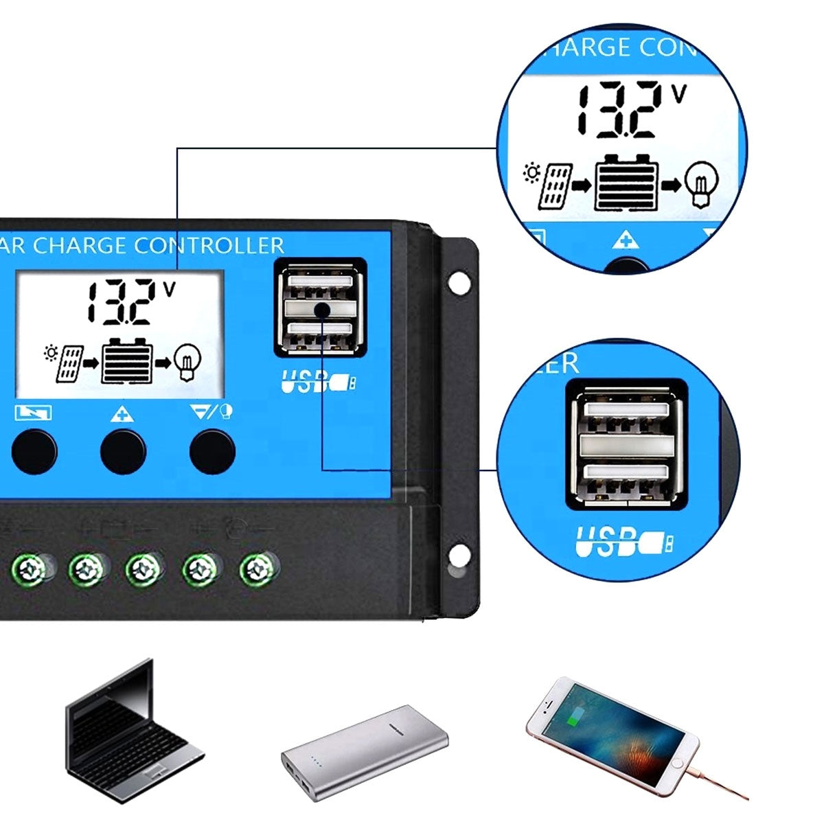 Controler/Regulator de incarcare panou solar, 12 - 24V, 30A, mini dual USB-5