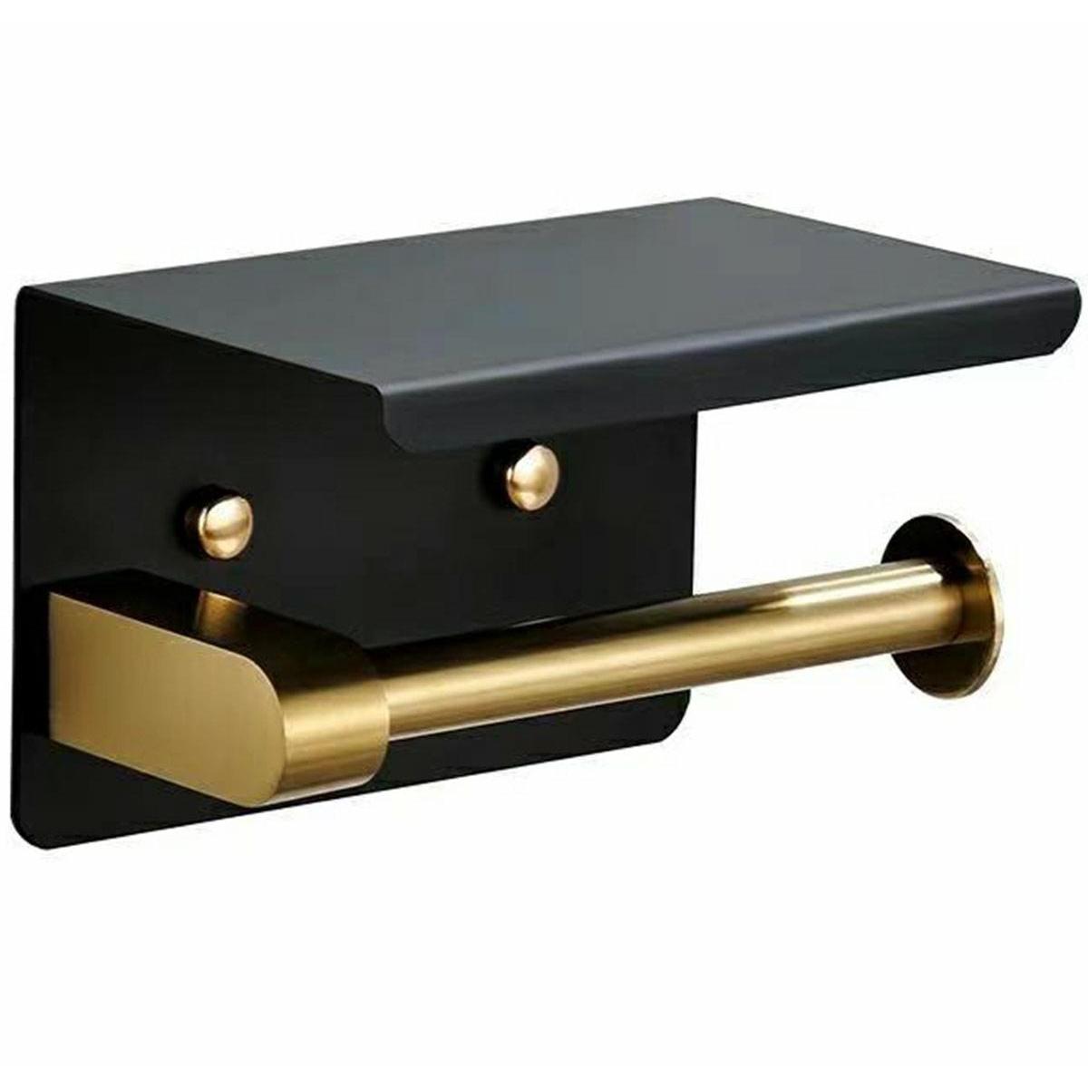 Suport pentru hartie igienica cu raft suplimentar, din otel, culoare neagra cu brat auriu-1