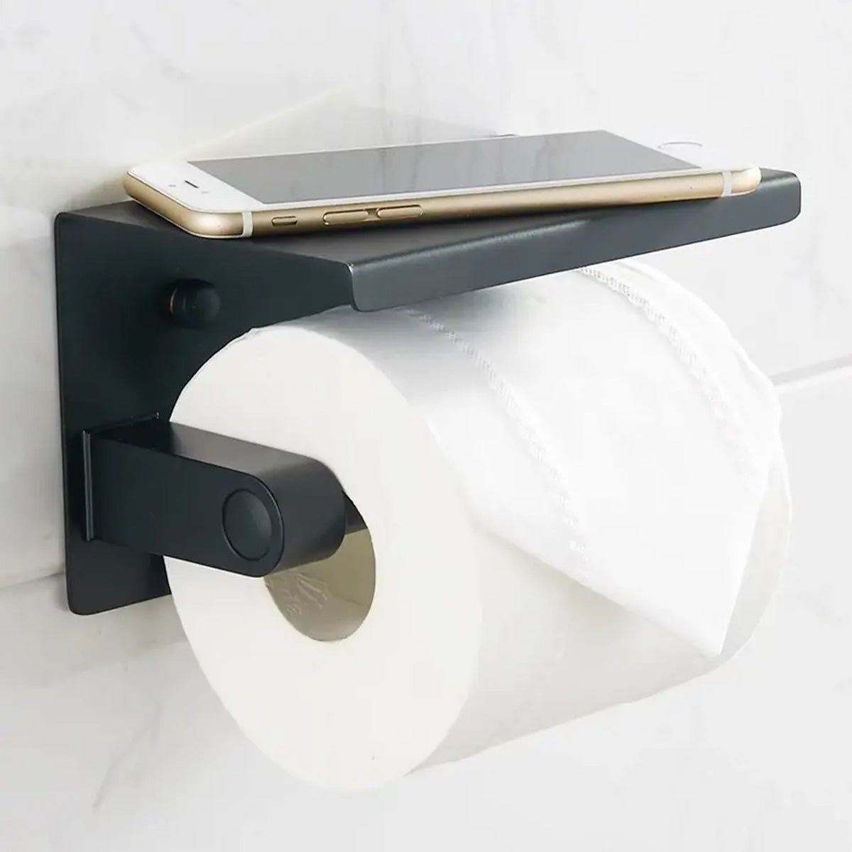 Suport pentru hartie igienica cu raft suplimentar, din otel, culoare neagra cu brat auriu-4