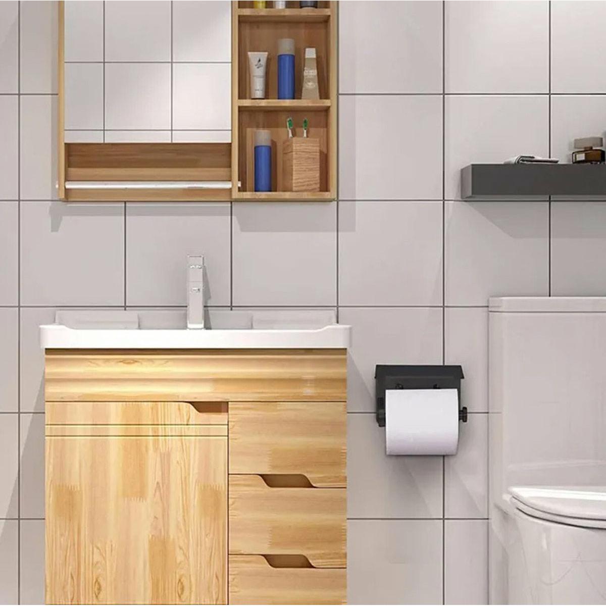 Suport pentru hartie igienica cu raft suplimentar, din otel, culoare neagra cu brat auriu-5