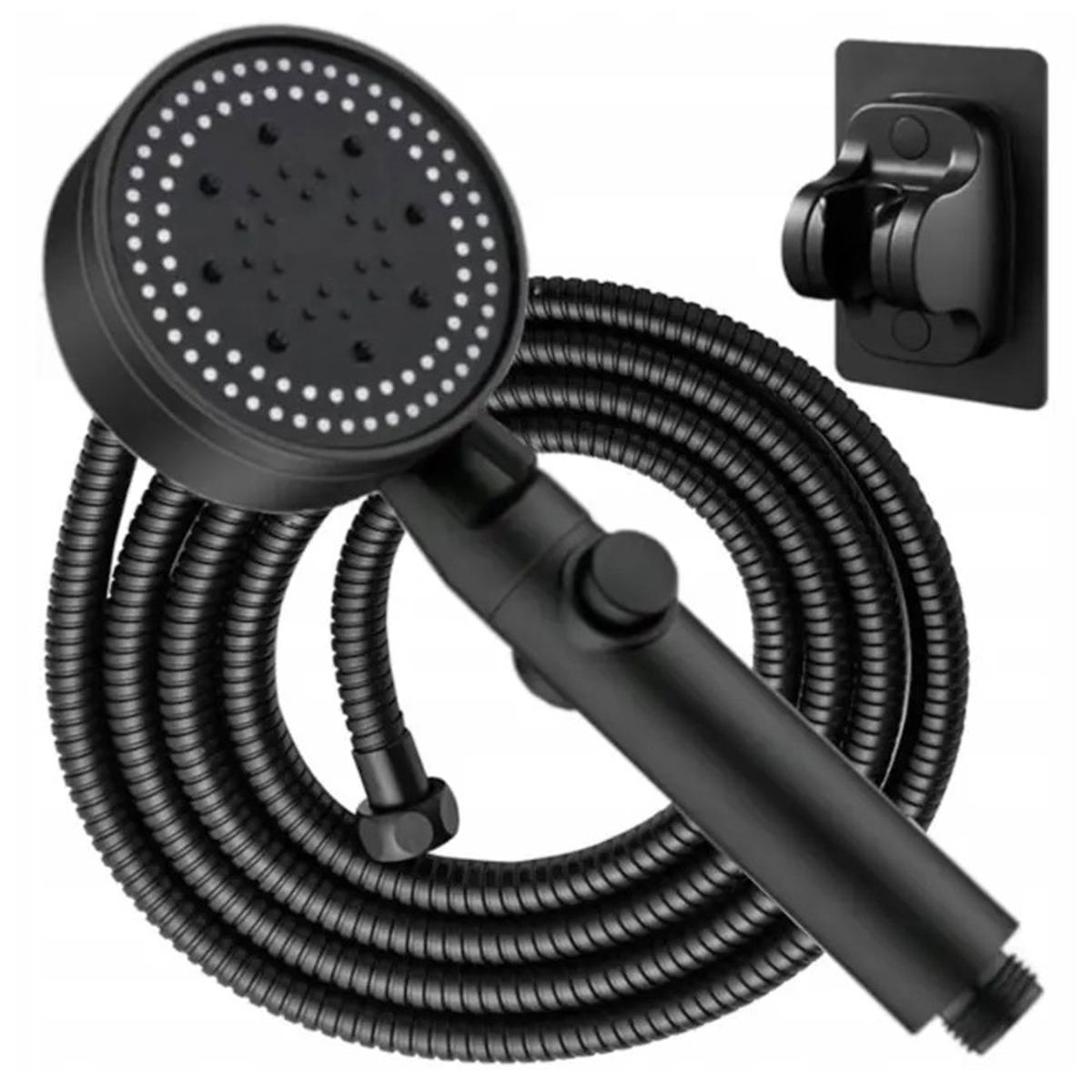 Set 3 elemente pentru dus, para de dus moderna + furtun flexibil + suport pentru perete, culoare Neagra-1