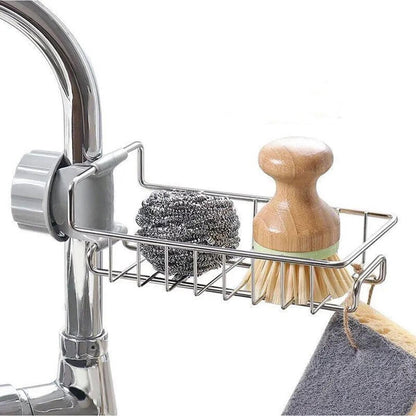 Raft organizator universal pentru bucatarie sau baie, montaj pe robinet, material otel, culoare Argintiu-0