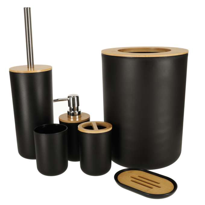 Set Elegant pentru baie format din 6 piese, ABS + lemn, culoare negru/maro-7
