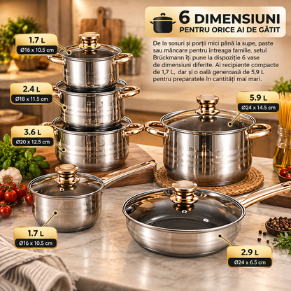 Set Oale Brückmann Premium din Inox – 12 Piese, Bază 5 Straturi, Compatibil Inducție