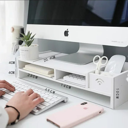 Stand Organizator pentru Laptop sau Monitor cu 2 Sertare de Depozitare, Spațiu pentru Tastatură și Suport de Pixuri