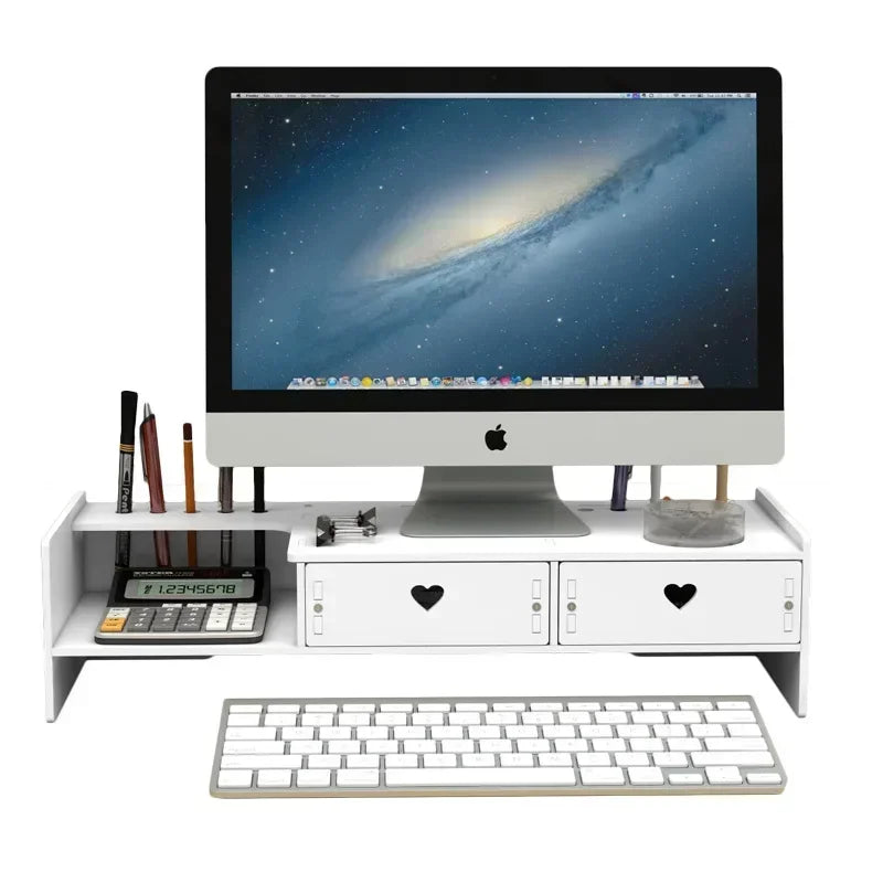 Stand Organizator pentru Laptop sau Monitor cu 2 Sertare de Depozitare, Spațiu pentru Tastatură și Suport de Pixuri