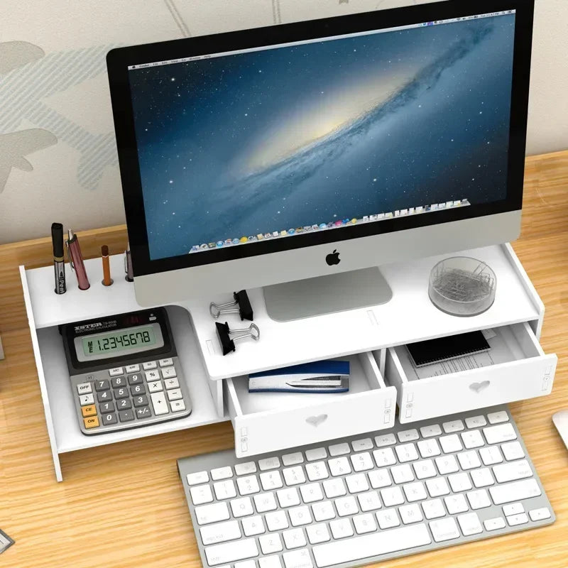 Stand Organizator pentru Laptop sau Monitor cu 2 Sertare de Depozitare, Spațiu pentru Tastatură și Suport de Pixuri