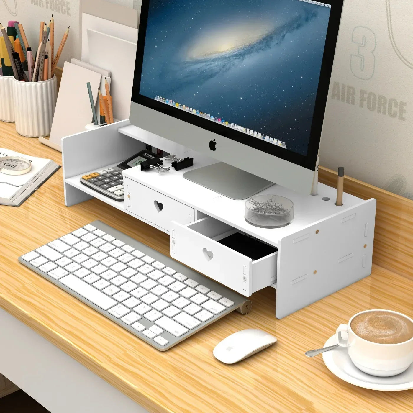 Stand Organizator pentru Laptop sau Monitor cu 2 Sertare de Depozitare, Spațiu pentru Tastatură și Suport de Pixuri