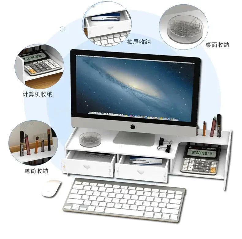 Stand Organizator pentru Laptop sau Monitor cu 2 Sertare de Depozitare, Spațiu pentru Tastatură și Suport de Pixuri