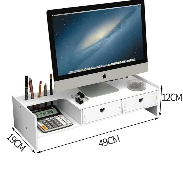 Stand Organizator pentru Laptop sau Monitor cu 2 Sertare de Depozitare, Spațiu pentru Tastatură și Suport de Pixuri