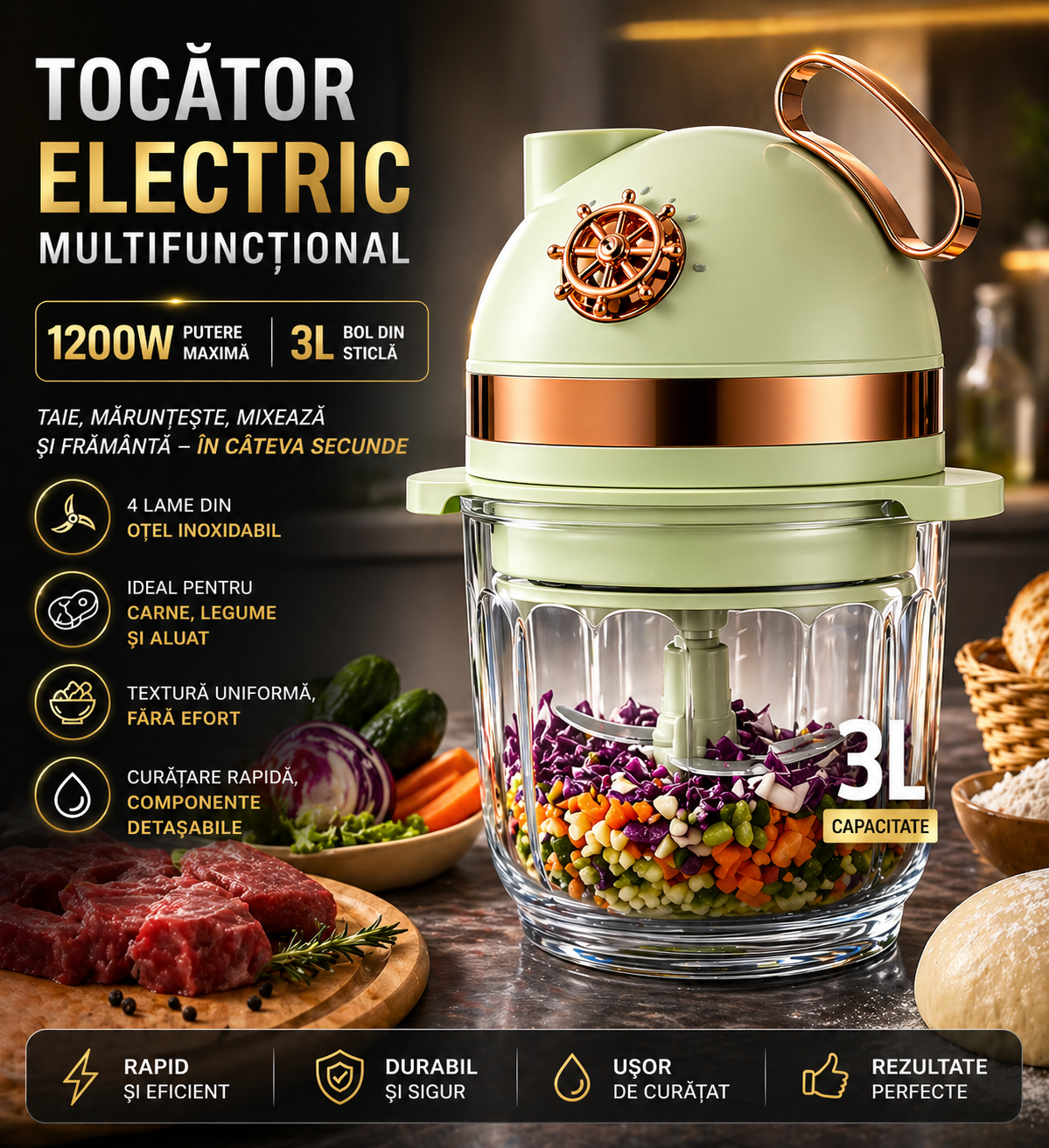 Tocător Electric Multifuncțional 4in1, Capacitate 3L - 1200W, 4 Lame, Tăiere, Mărunțire, Carne & Aluat
