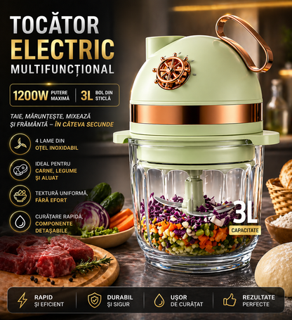 Tocător Electric Multifuncțional 4in1, Capacitate 3L - 1200W, 4 Lame, Tăiere, Mărunțire, Carne & Aluat