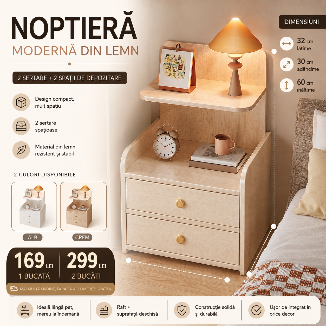 Noptieră Modernă din Lemn cu 2 Sertare și 2 Spații de Depozitare, 32 × 30 × 60 cm – Alb / Crem
