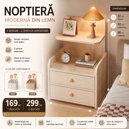 Noptieră Modernă din Lemn cu 2 Sertare și 2 Spații de Depozitare, 32 × 30 × 60 cm – Alb / Crem
