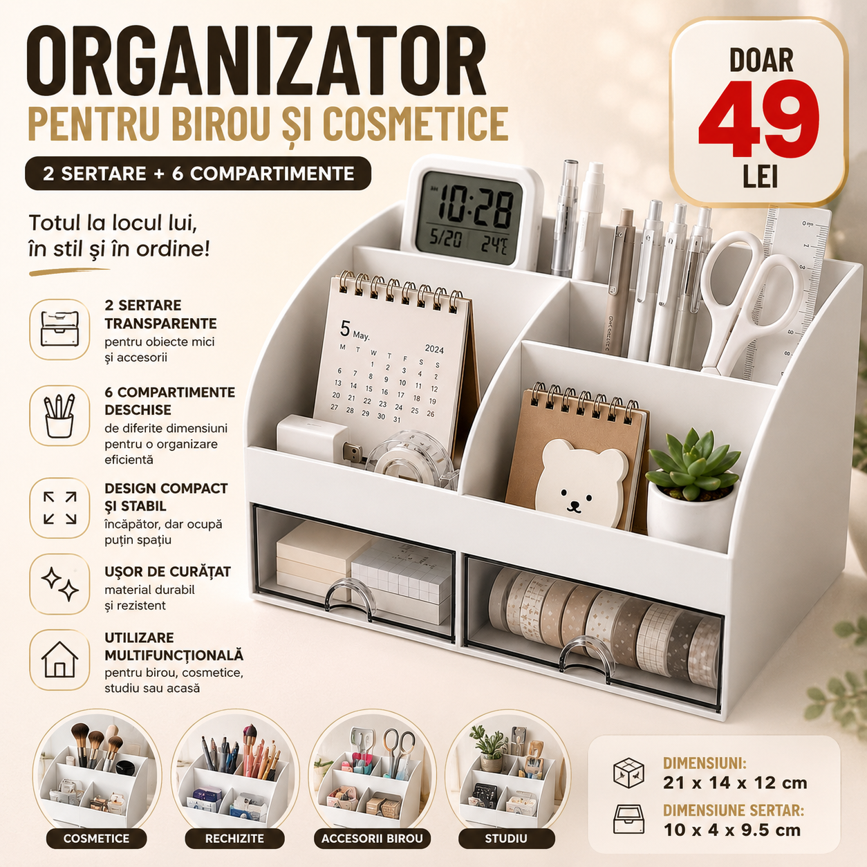 Organizator Multifuncțional pentru Birou și Cosmetice, 2 Sertare Transparente + 6 Compartimente, 21 × 14 × 12 cm, Alb