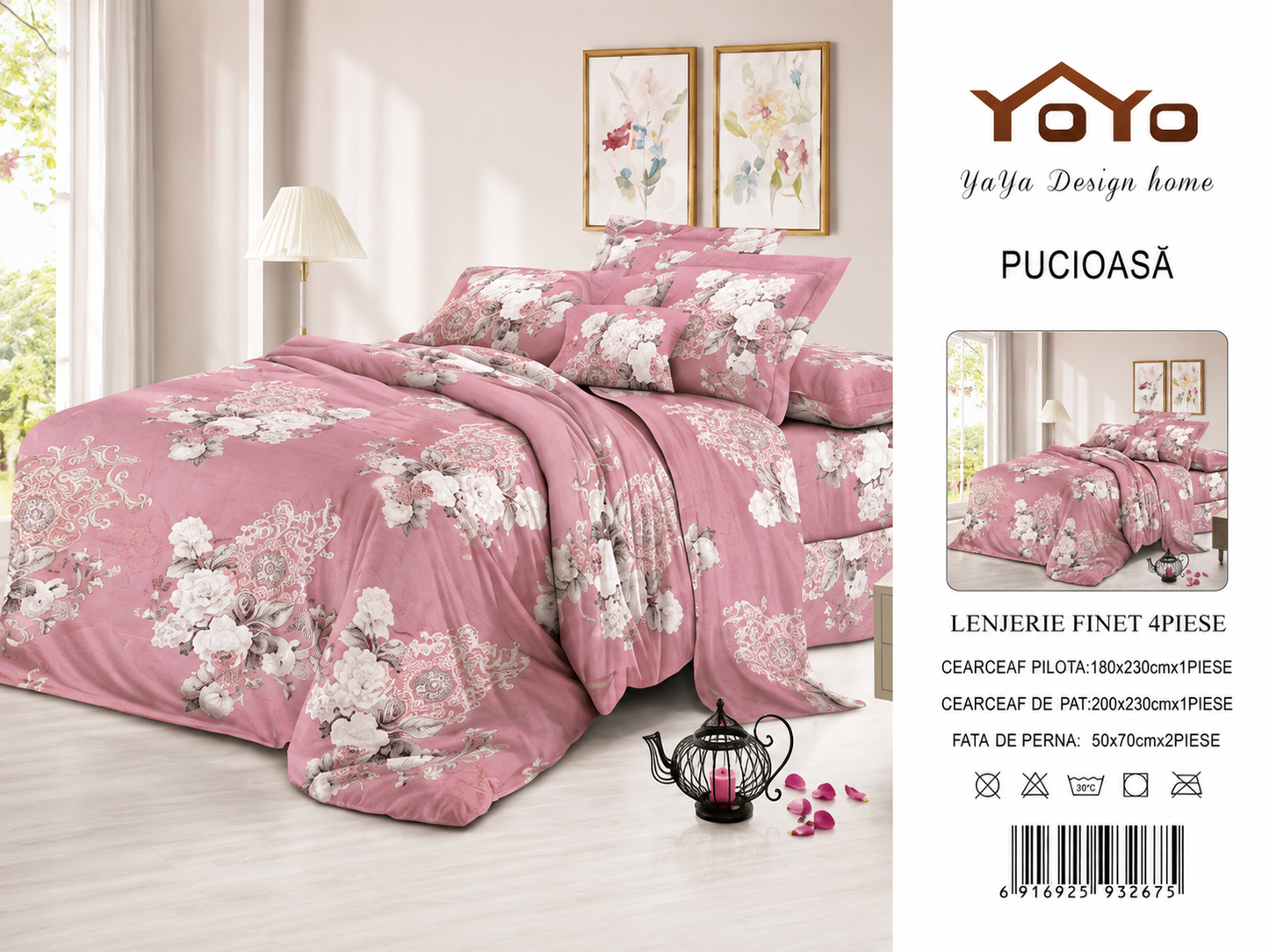 Lenjerie de Pat 4 Piese din Finet, Cearșaf Pilotă 180 × 230 cm, Cearșaf Pat 200 × 230 cm, 2 Fețe de Pernă 50 × 70 cm