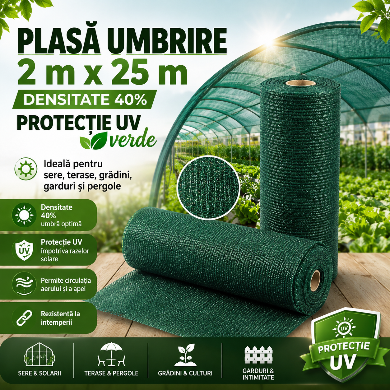 Plasă de Umbrire Verde 2 x 25 m, Densitate 40%, Protecție UV – Ideală pentru Grădină, Seră, Terasă și Gard