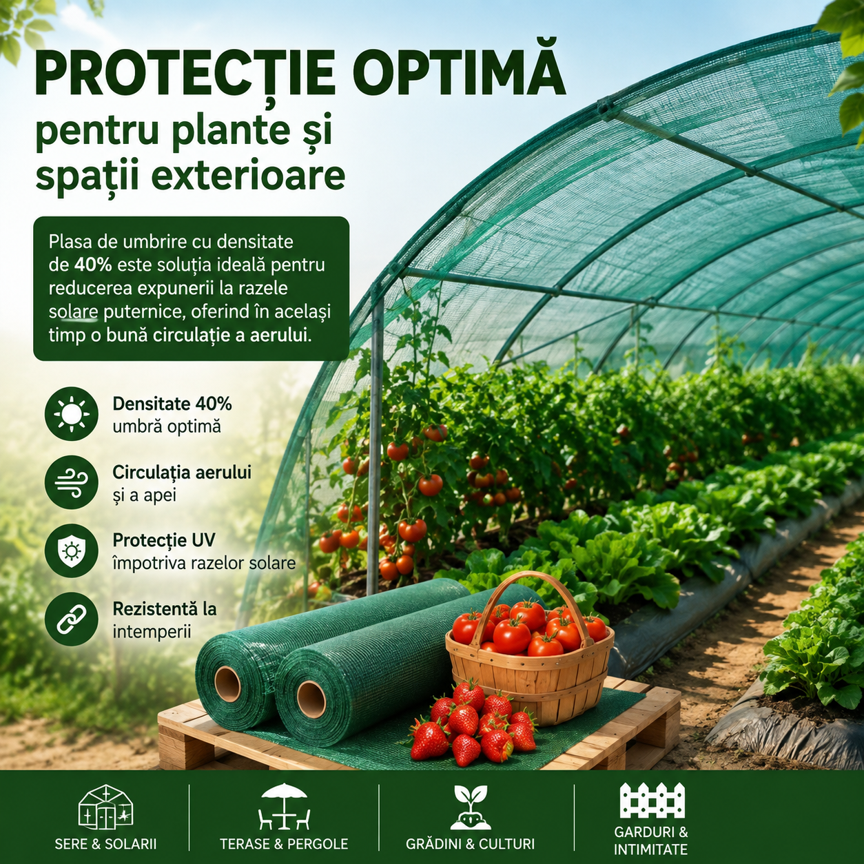 Plasă de Umbrire Verde 2 x 25 m, Densitate 40%, Protecție UV – Ideală pentru Grădină, Seră, Terasă și Gard