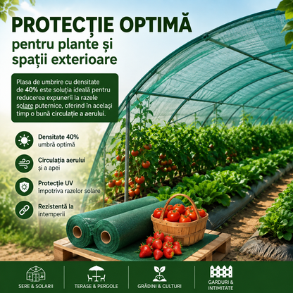 Plasă de Umbrire Verde 2 x 25 m, Densitate 40%, Protecție UV – Ideală pentru Grădină, Seră, Terasă și Gard