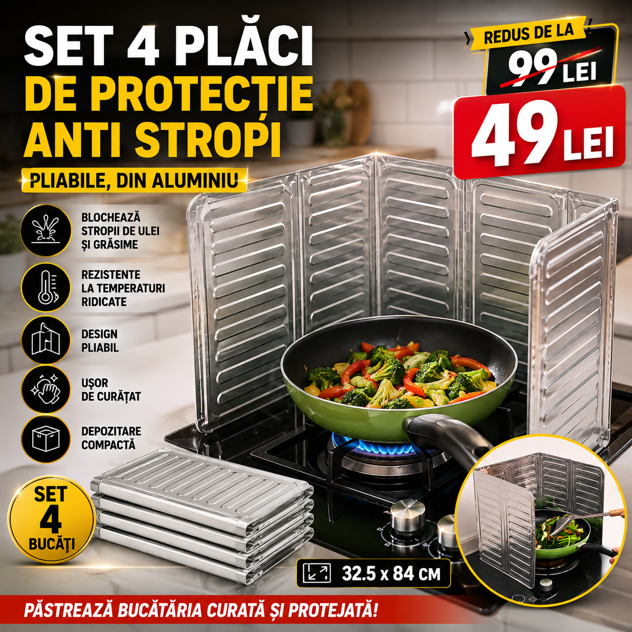 Set 4 Plăci de Protecție Anti-Stropi pentru Aragaz, Pliabile, din Aluminiu, 32.5 x 84 cm