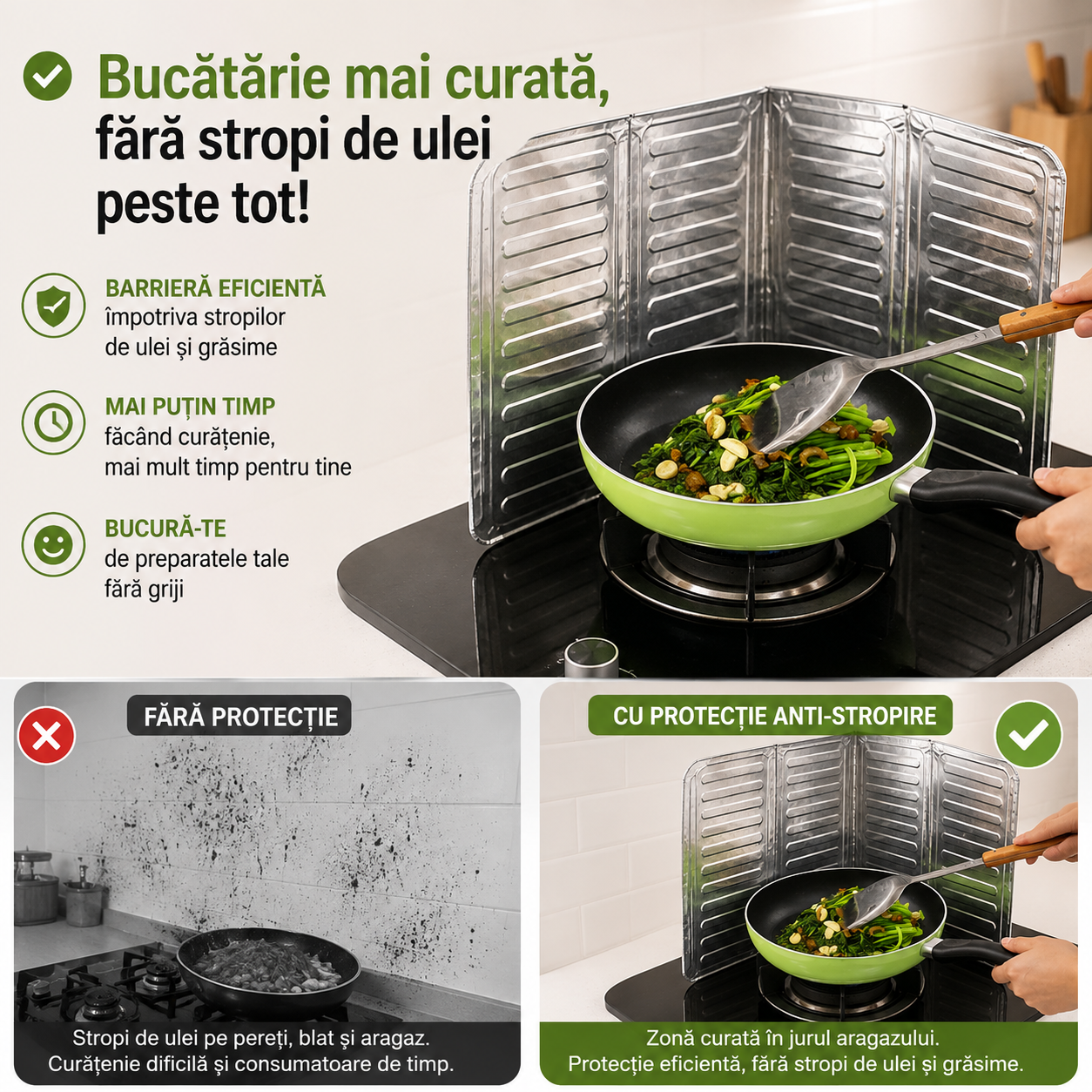 Set 4 Plăci de Protecție Anti-Stropi pentru Aragaz, Pliabile, din Aluminiu, 32.5 x 84 cm