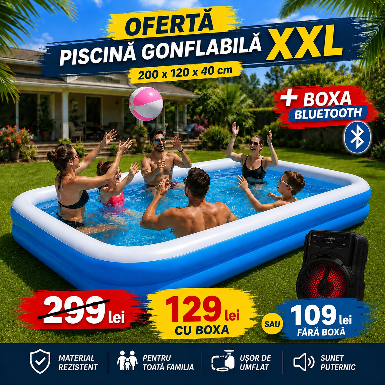 PISCINĂ GONFLABILĂ XXL - 200x120x40 cm