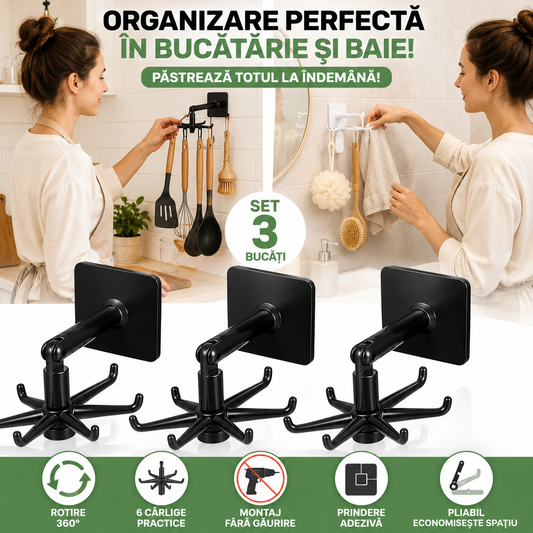 Set 3 Organizatoare Rotative cu 6 Cârlige – Soluția inteligentă pentru o casă mai ordonată